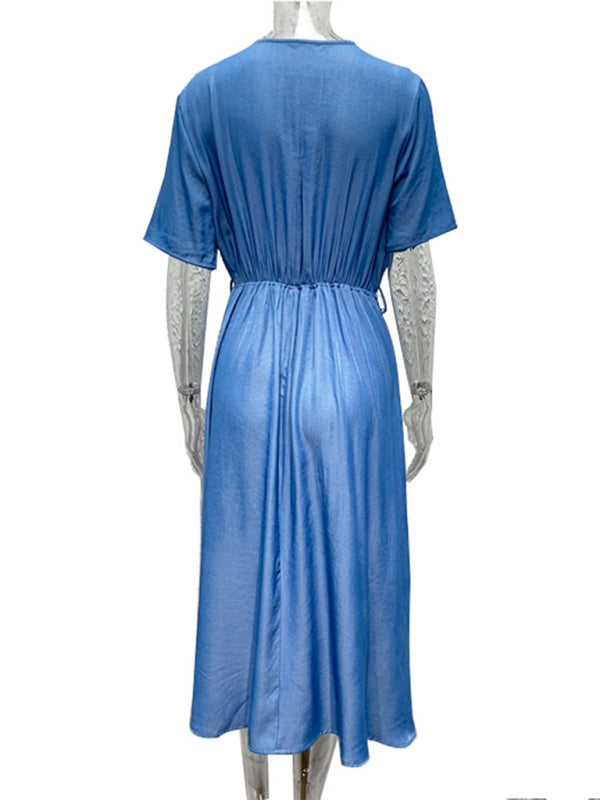 Damen-Kleid mit kurzen Ärmeln und V-Ausschnitt in der Taille, einfarbig, High-End-Kleid ohne Gürtel