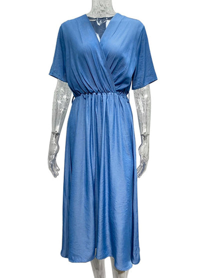 Damska sukienka z krótkim rękawem i dekoltem w kształcie litery V, w jednolitym kolorze, wysokiej klasy, bez paska