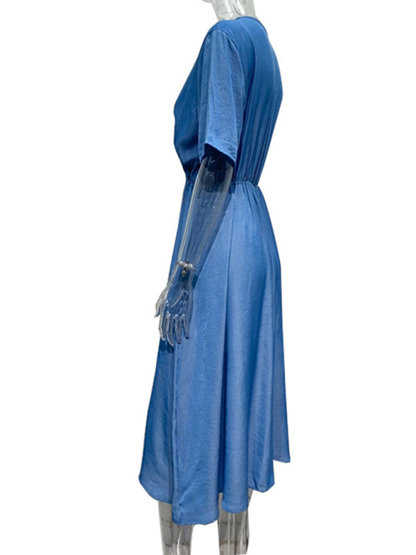 Robe haut de gamme de couleur unie pour femmes, manches courtes, col en v, taille, sans ceinture