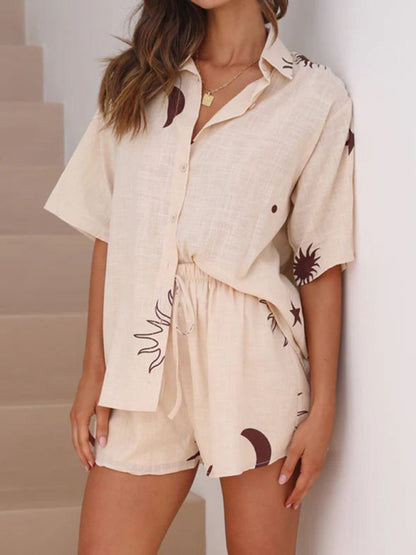 New casual holiday short-sleeved cardigan + shorts printed home two-piece set