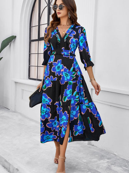 Robe fendue imprimée décontractée à col en v, nouvelle collection printemps et été