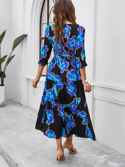 Spring and summer new holiday casual printed V-neck slit dress