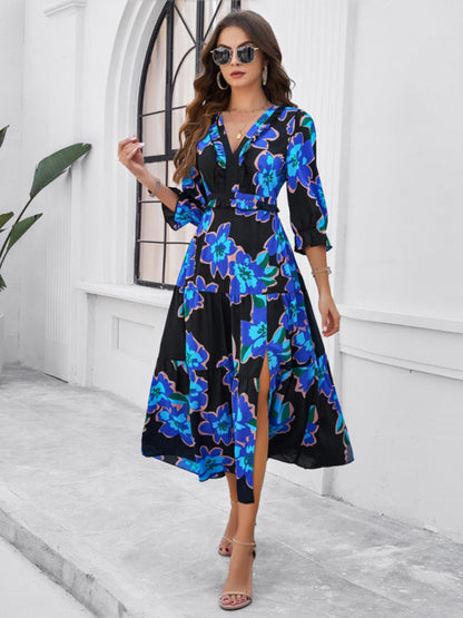 Robe fendue imprimée décontractée à col en v, nouvelle collection printemps et été