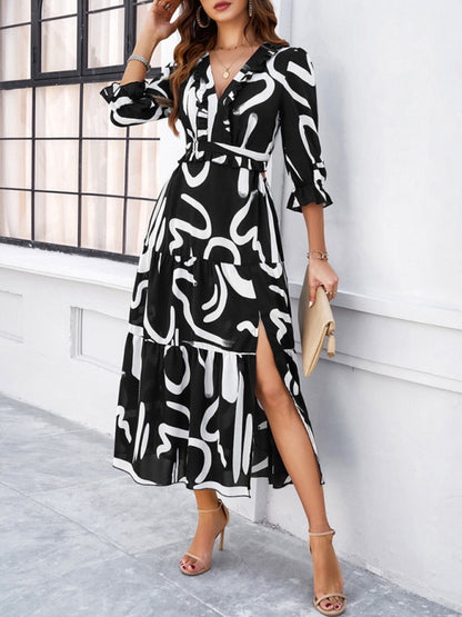 Spring and summer new holiday casual printed V-neck slit dress