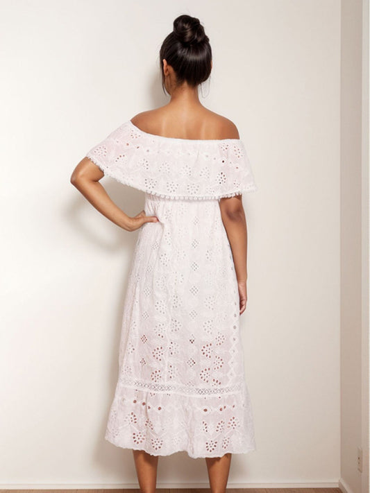 Nowa artystyczna koronkowa długa sukienka biała sukienka plażowa nowa seksowna sukienka z odkrytymi ramionami na jedno ramię