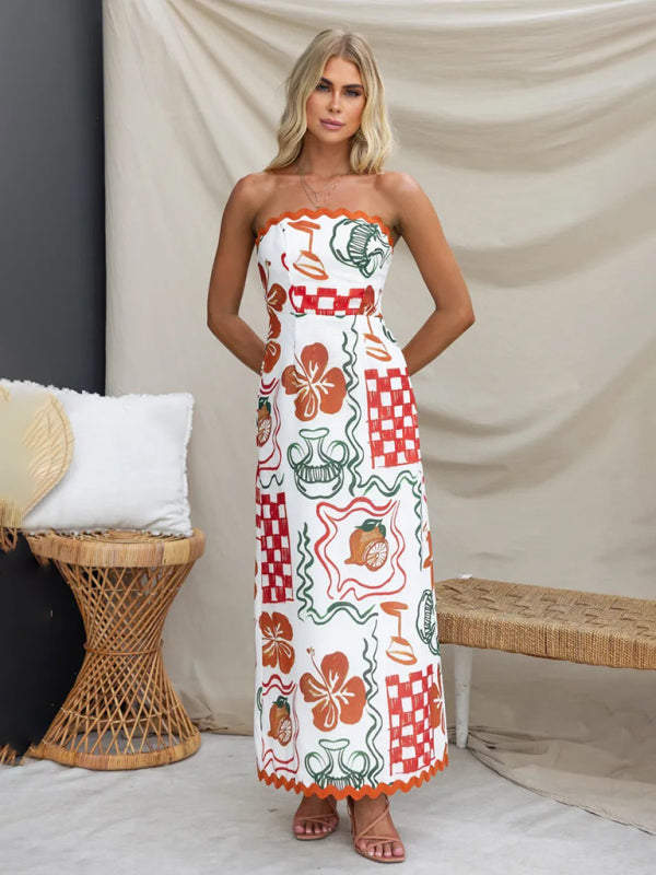 Casual printed pleated dress with breast band