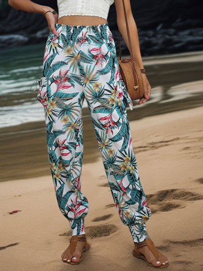 Casual Work Pants Pocket Tropical Print - Trousers