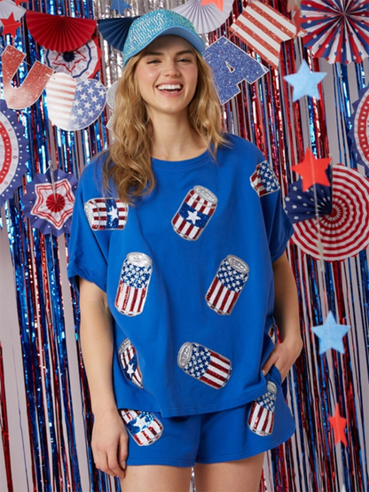 Damen Independence Day Top Pailletten Hosenanzug Kurzarm Zweiteiliger Anzug