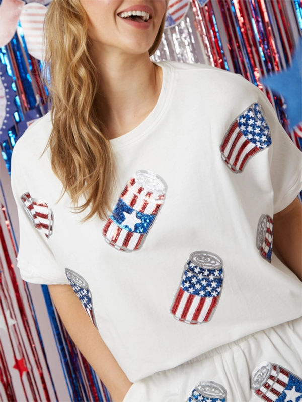 Damen Independence Day Top Pailletten Hosenanzug Kurzarm Zweiteiliger Anzug