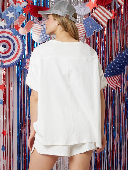 Damen Independence Day Top Pailletten Hosenanzug Kurzarm Zweiteiliger Anzug