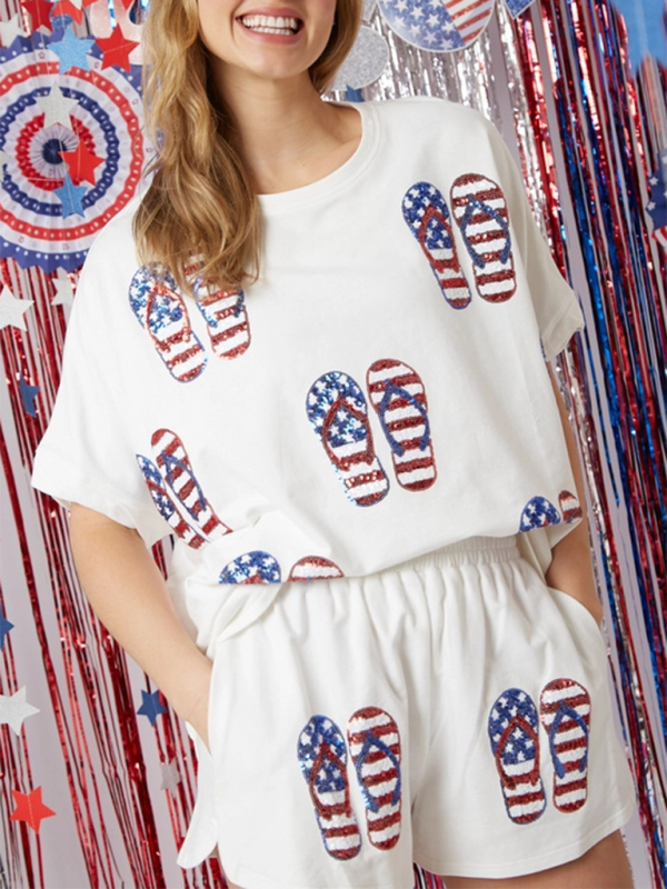 Damen Independence Day Top Pailletten Hosenanzug Kurzarm Zweiteiliger Anzug