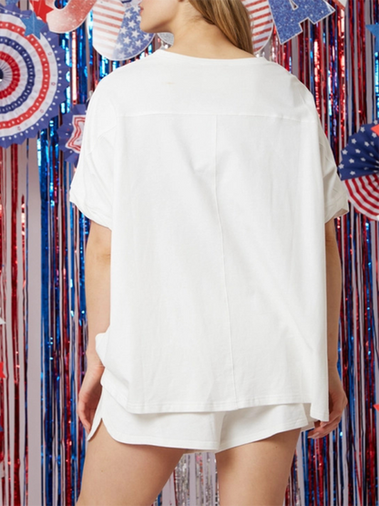 Terno feminino de duas peças com manga curta e calça de lantejoulas para o Dia da Independência feminina