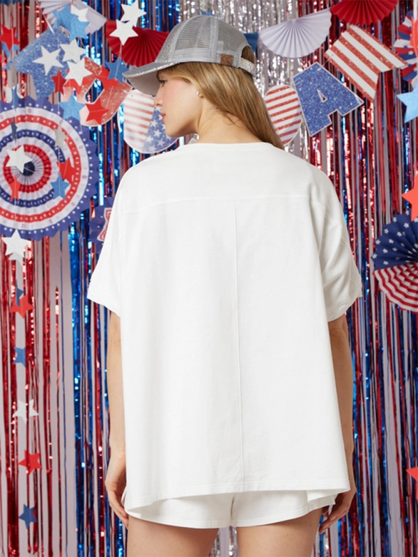 Terno feminino de duas peças com manga curta e calça de lantejoulas para o Dia da Independência feminina