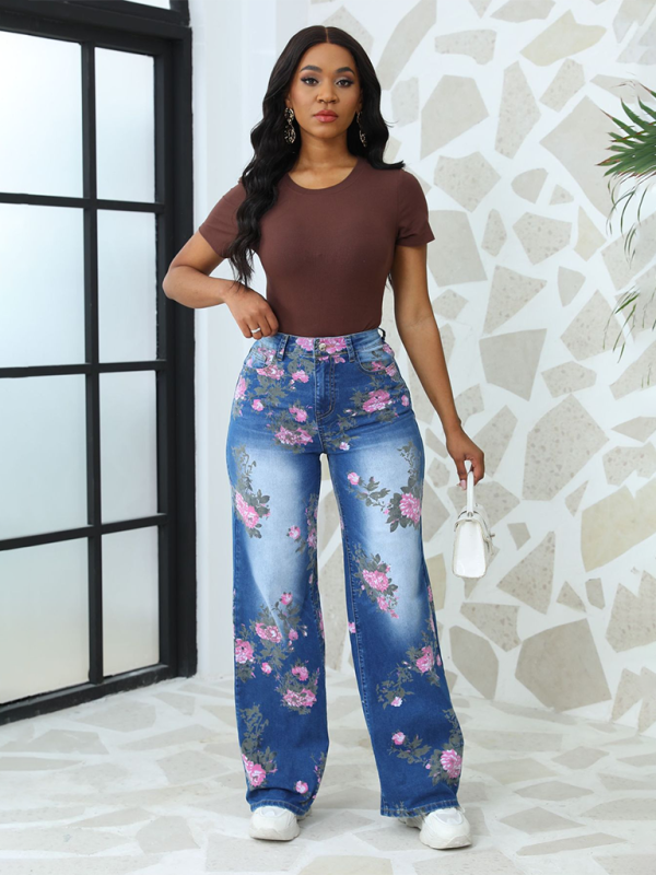 Trendy Floral Printed Wide Leg Jeans: AE&GStor