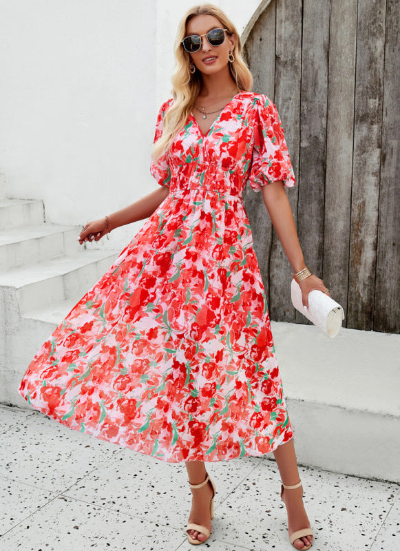 Elegant Printed Waist V-neck Long Dress