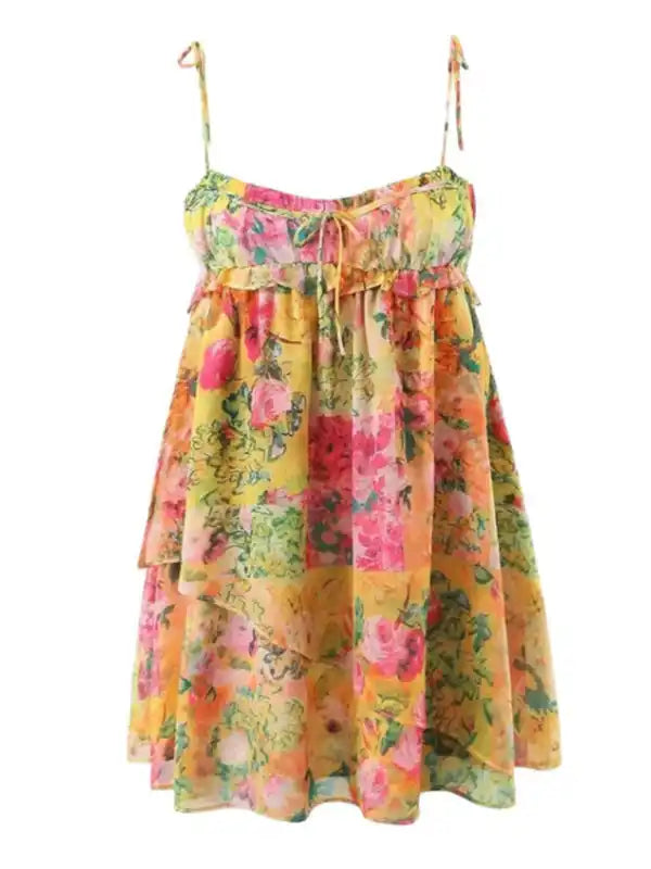 Lace-up French niche color-block floral sling dress with wooden ears | AE&GStor
