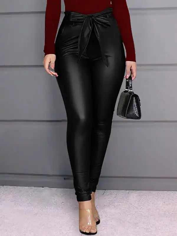 Ladies Fashion Casual PU Pants Leather Pants (with Belt) | AE&GStor
