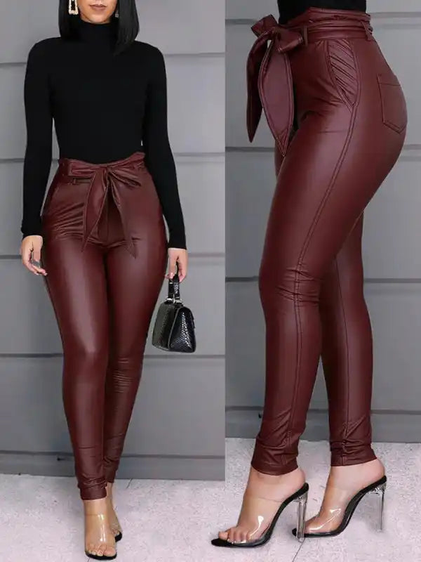 Ladies Fashion Casual PU Pants Leather Pants (with Belt) | AE&GStor