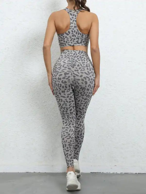 Leopard print beautiful back tight sports suit peach hip lifting high waist fitness clothes | AE&GStor