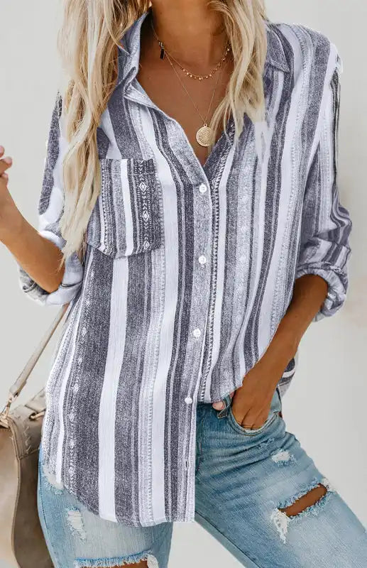 Linen Turn-down Collar Sweet Enough Striped Button Up Top | AE&GStor