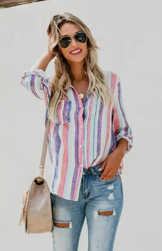 Linen Turn-down Collar Sweet Enough Striped Button Up Top | AE&GStor