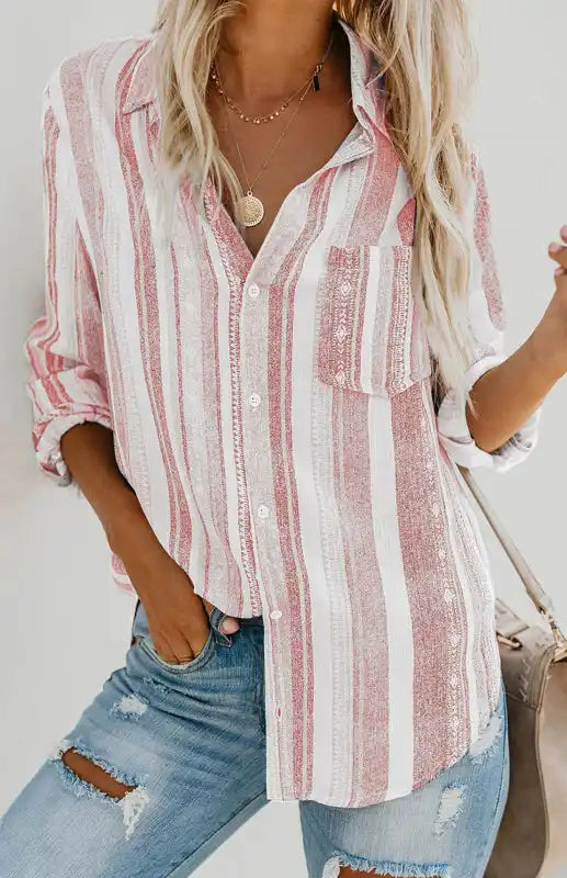 Linen Turn-down Collar Sweet Enough Striped Button Up Top | AE&GStor