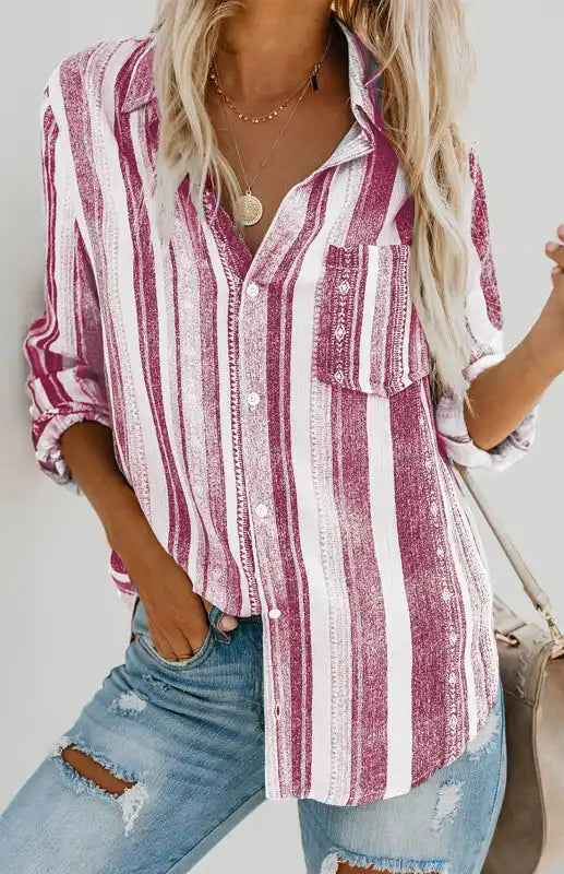 Linen Turn-down Collar Sweet Enough Striped Button Up Top | AE&GStor