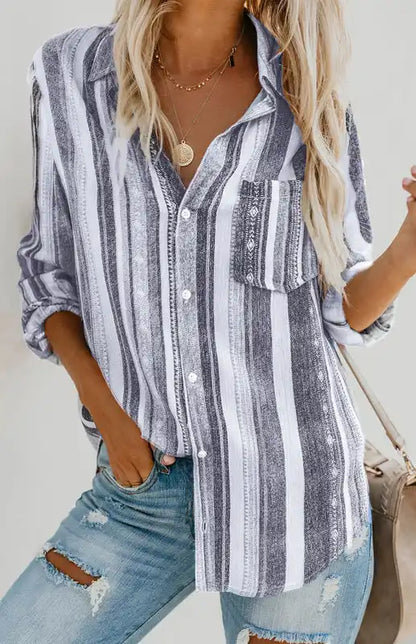 Linen Turn-down Collar Sweet Enough Striped Button Up Top | AE&GStor