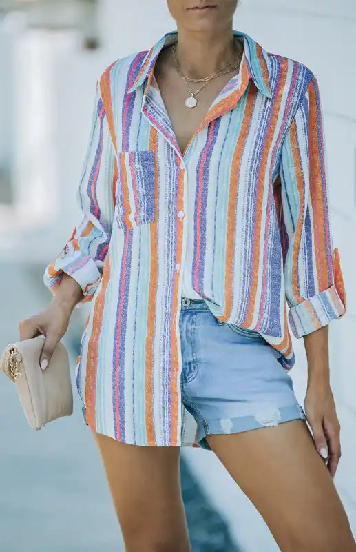 Linen Turn-down Collar Sweet Enough Striped Button Up Top | AE&GStor