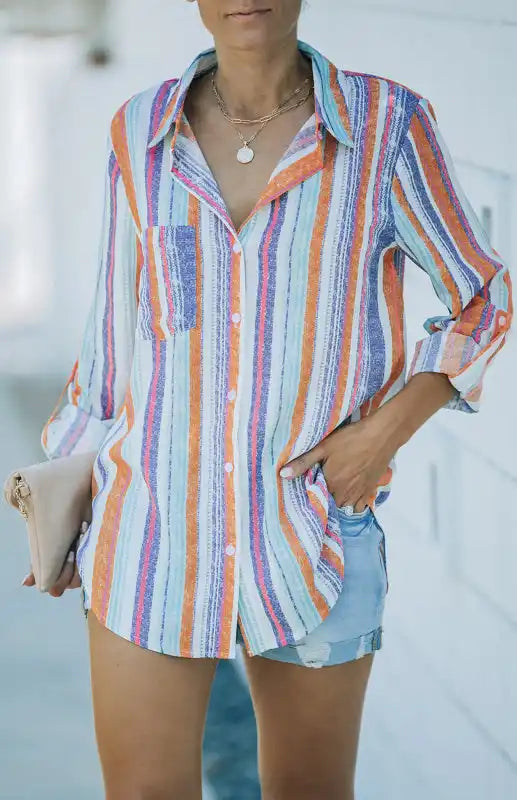 Linen Turn-down Collar Sweet Enough Striped Button Up Top | AE&GStor