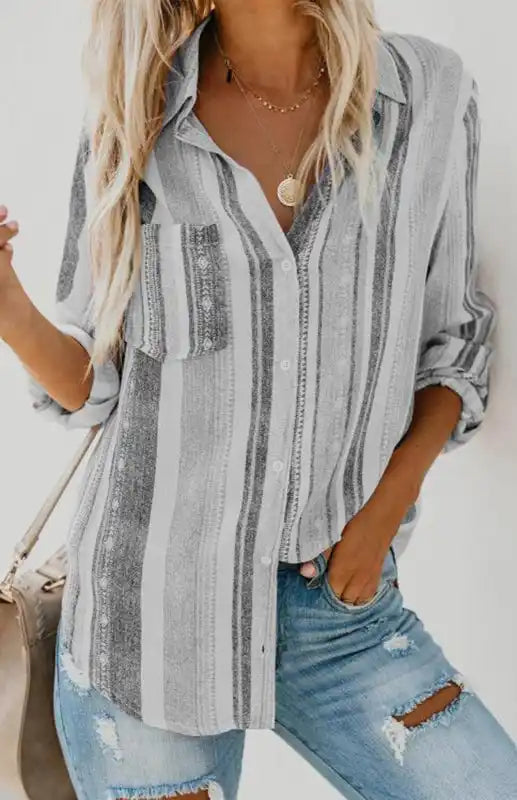 Linen Turn-down Collar Sweet Enough Striped Button Up Top | AE&GStor