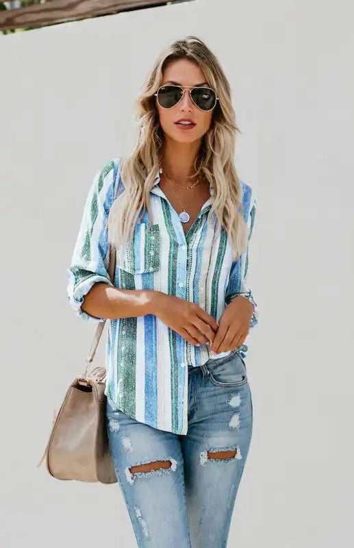 Linen Turn-down Collar Sweet Enough Striped Button Up Top | AE&GStor