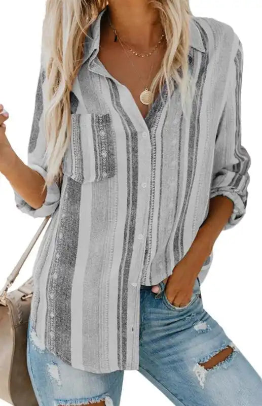 Linen Turn-down Collar Sweet Enough Striped Button Up Top | AE&GStor