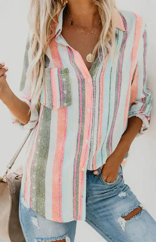 Linen Turn-down Collar Sweet Enough Striped Button Up Top | AE&GStor