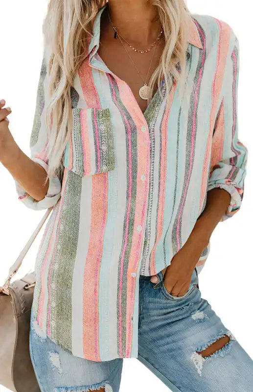 Linen Turn-down Collar Sweet Enough Striped Button Up Top | AE&GStor