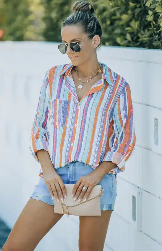 Linen Turn-down Collar Sweet Enough Striped Button Up Top | AE&GStor