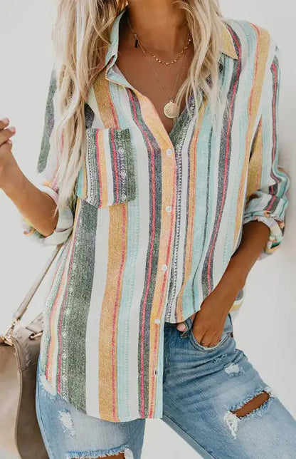 Linen Turn-down Collar Sweet Enough Striped Button Up Top | AE&GStor