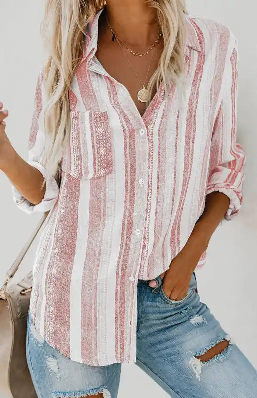 Linen Turn-down Collar Sweet Enough Striped Button Up Top | AE&GStor