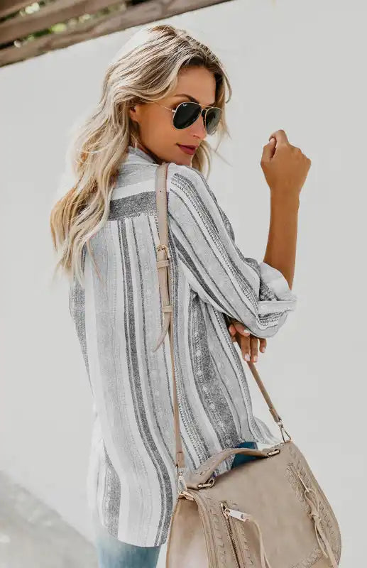 Linen Turn-down Collar Sweet Enough Striped Button Up Top | AE&GStor