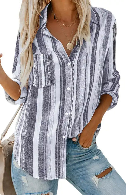 Linen Turn-down Collar Sweet Enough Striped Button Up Top | AE&GStor