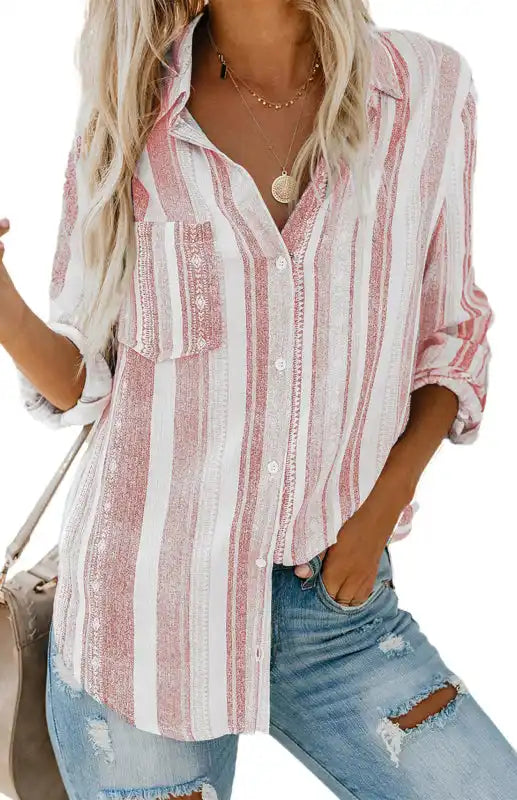 Linen Turn-down Collar Sweet Enough Striped Button Up Top | AE&GStor