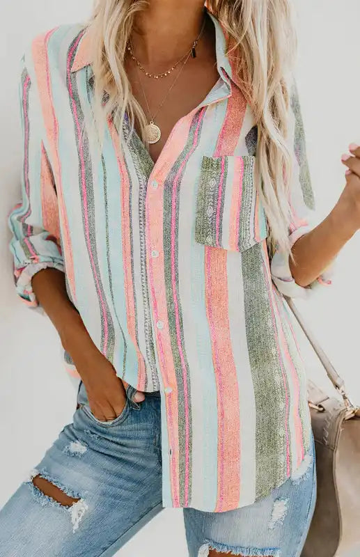 Linen Turn-down Collar Sweet Enough Striped Button Up Top | AE&GStor