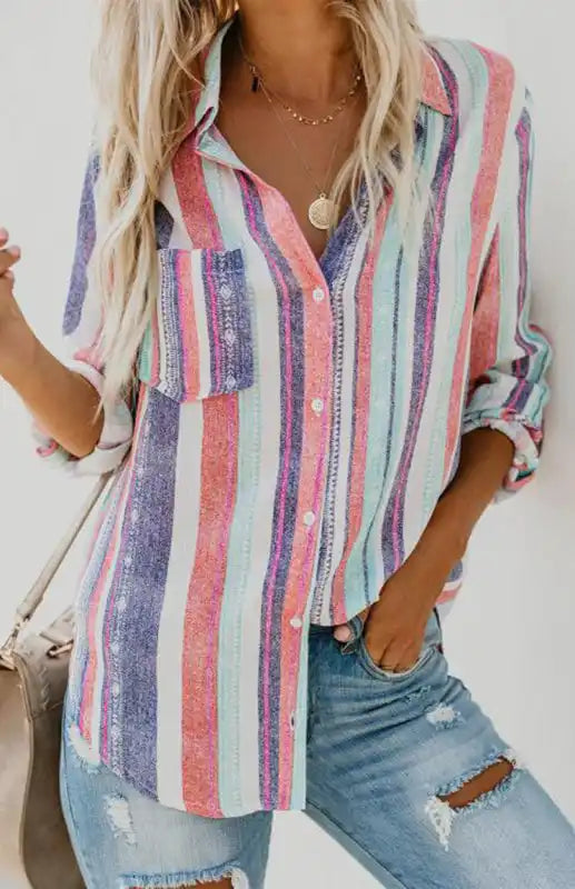 Linen Turn-down Collar Sweet Enough Striped Button Up Top | AE&GStor