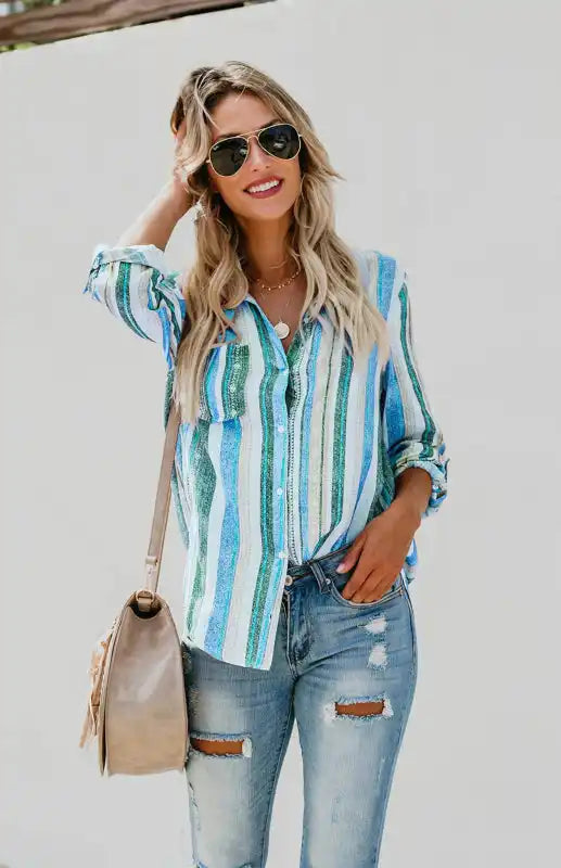 Linen Turn-down Collar Sweet Enough Striped Button Up Top | AE&GStor