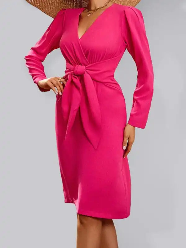 Long-sleeved pullover dress v-neck zipper solid color belt waist mid-length dress women’s clothing | AE&GStor