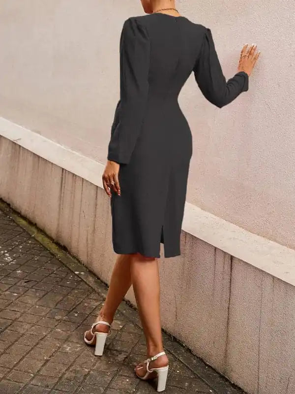 Long-sleeved pullover dress v-neck zipper solid color belt waist mid-length dress women’s clothing | AE&GStor