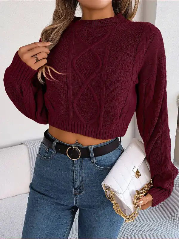 New autumn and winter casual solid color twist long-sleeved pullover navel-baring sweater | AE&GStor