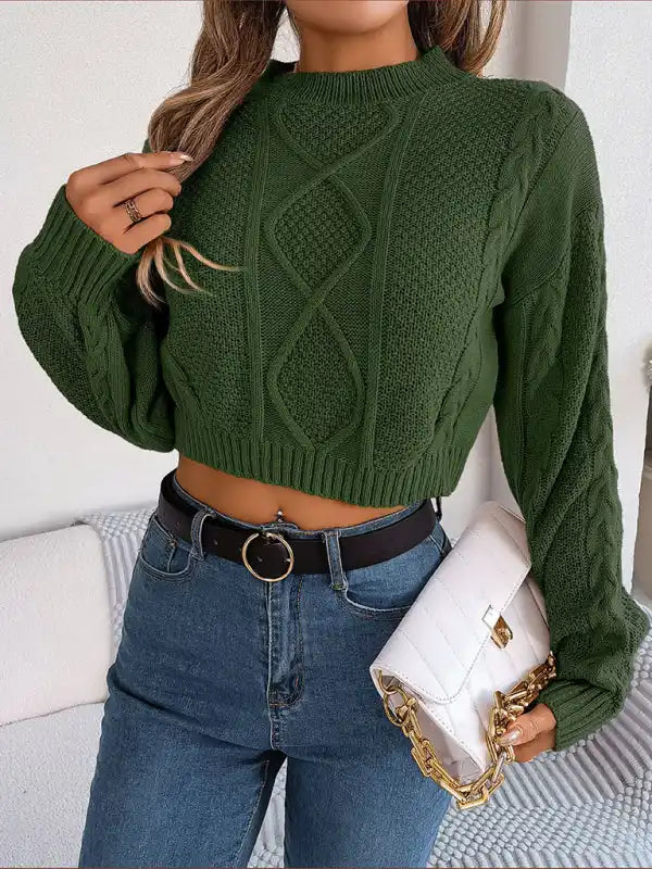 New autumn and winter casual solid color twist long-sleeved pullover navel-baring sweater | AE&GStor