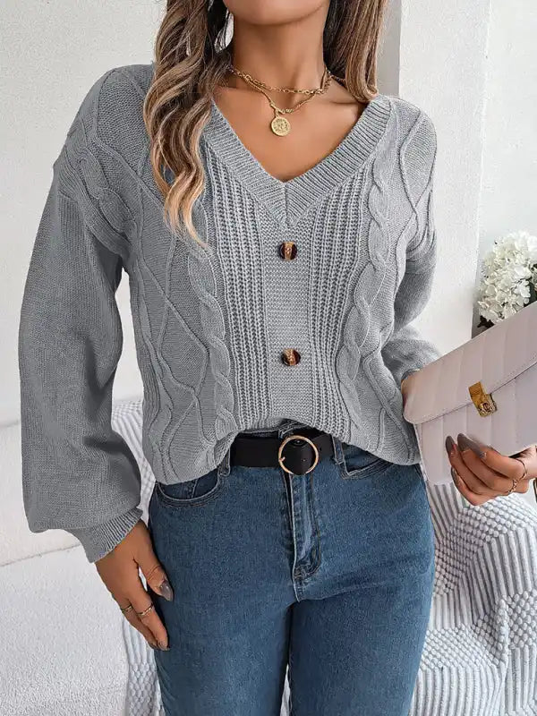 New autumn and winter solid color V-neck buttoned twist lantern sleeve pullover sweater | AE&GStor