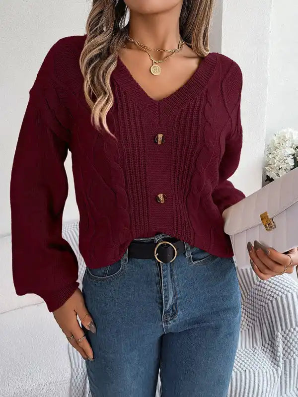 New autumn and winter solid color V-neck buttoned twist lantern sleeve pullover sweater | AE&GStor